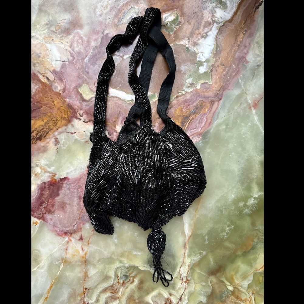 VINTAGE 1920s Art Deco BEADED LADIES FLAPPER PURSE BAG BLACK GLASS BEADS FORMAL